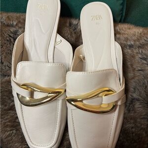 Zara Women's White Loafers with Gold Accent